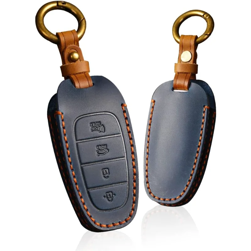 

WH Key Fob Cover With Keychain Leather Keycase Fit For Hyundai Sonata 2021 2022, Blue, 4-button