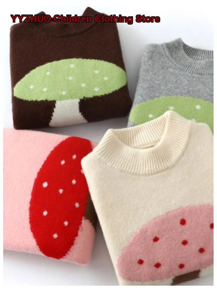 Four-Color Mushroom Girls Princess Style Cartoon Jacquard Knit Top Base Layer Girl Kids