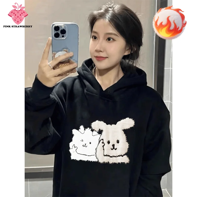 เสื้อฮู้ดพิมพ์ลายการ์ตูนน่ารักสำหรับผู้หญิง ฤดูใบไม้ร่วง ฤดูหนาว 2025 รุ่นใหม่ ทรงโอเวอร์ไซส์ สีดำ สไตล์ลำลอง เสื้อคลุมแบบสวมหัว Y2K เสื้อผ้าสไตล์คาวาอี้