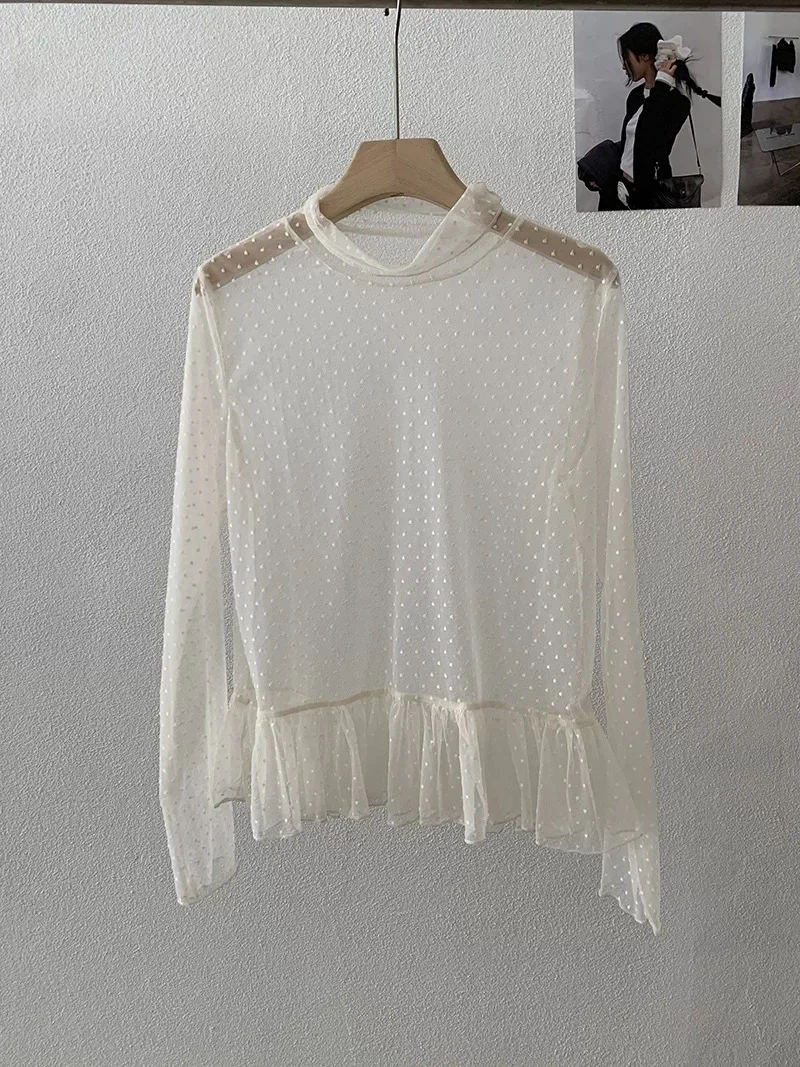 Y2K Women Polka Dot Mesh Top Slimming Effect Mesh Layering Lace Base Shirt Early Autumn Atmosphere