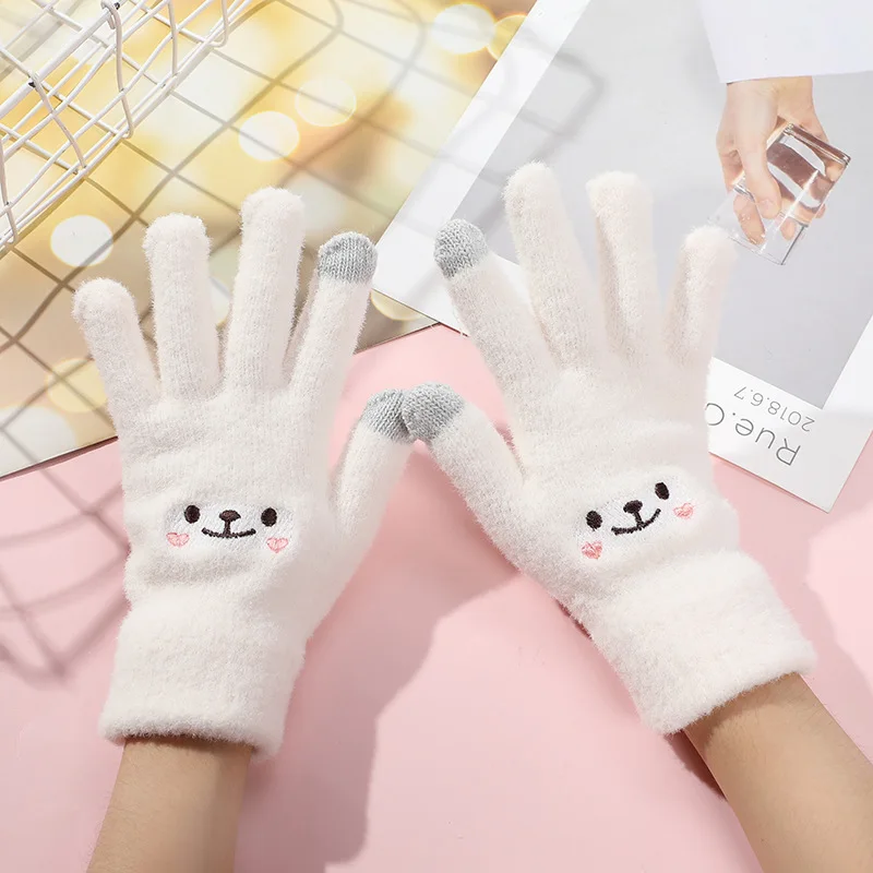 Kawaii Gloves Female Cute Cartoon Embroidered Smiley Bear Touch Screen Autumn Winter Warm Women Wool Knit Gloves Soft Cotton