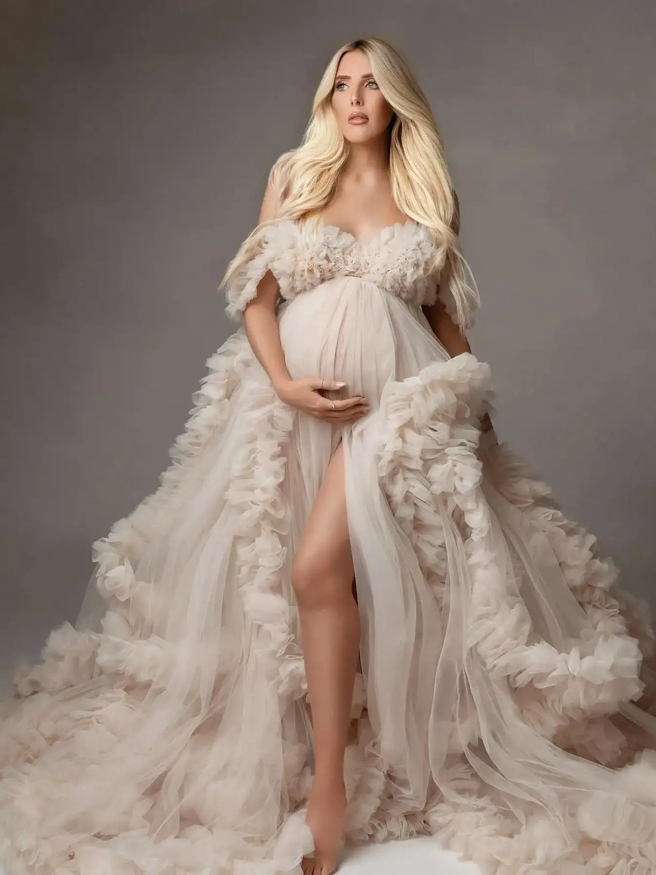 Urocze falbany suknie balowe kobiet bez rękawów ciążowa sukienka na sesję zdjęciową luksusowa warstwowa puszysta suknia Baby Shower — zdjęcie 2