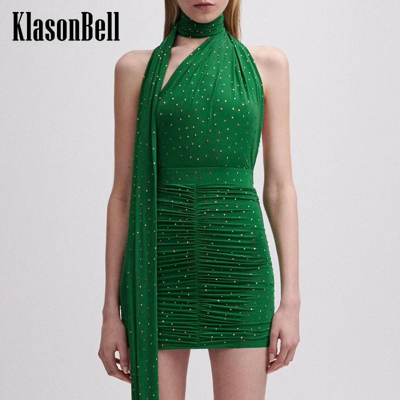 

6.20 KlasonBell Women Fashion Bling Diamonds Ribbon Halter Sleeveless Mesh Bodysuit Top + Ruched Package Hip Short Skirt Set