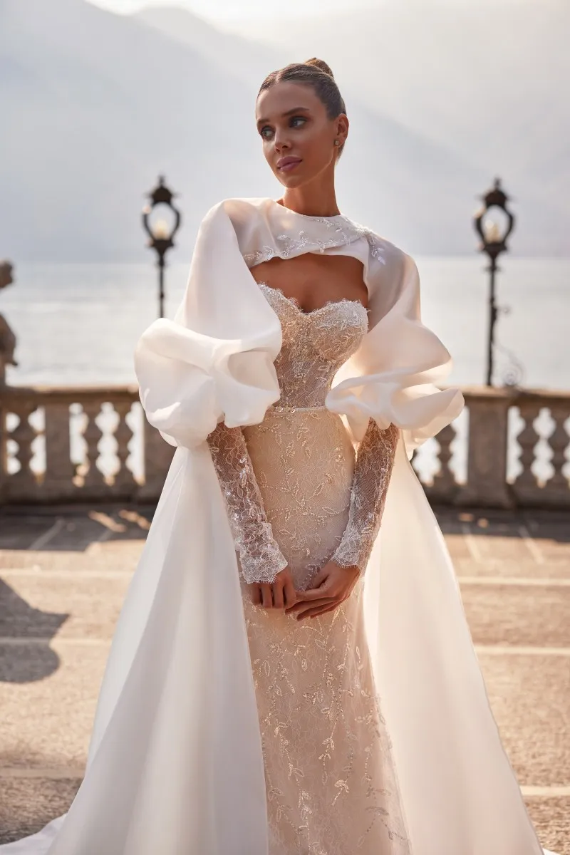 Robe de mariée sirène en satin organza avec poignées amovibles, cape à manches longues, dentelle trompent, robe de soirée de la mariée, nouveau, 3 en 1