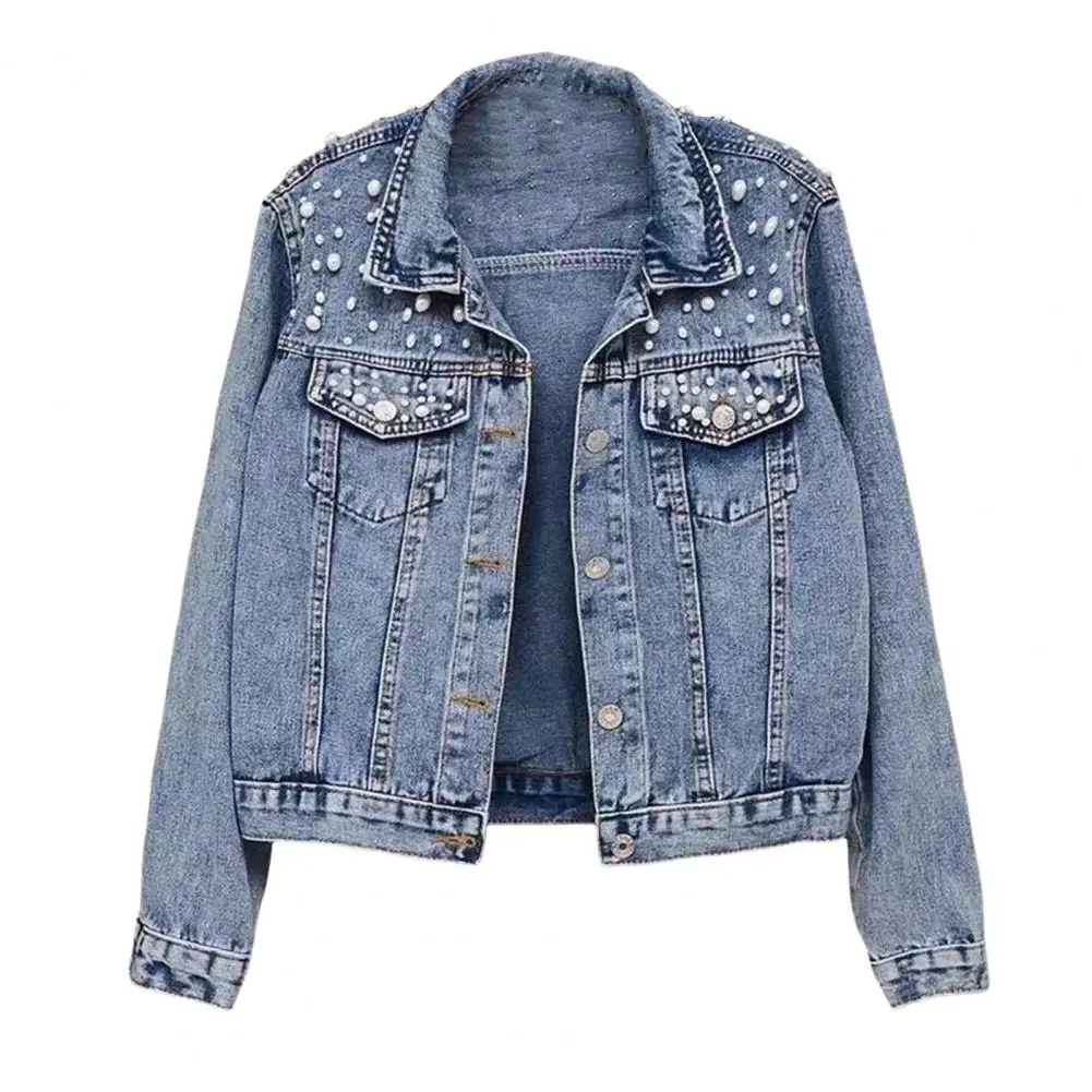 Women Denim Jacket Stylish Winter Denim Coat with Bead Decor Chest Pockets for Women Plus Size Long Sleeves for Streetwear