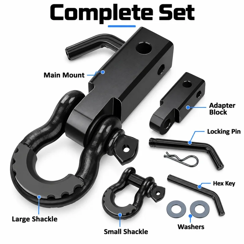 Heavy Duty Trailer Hitch Receiver with D-Ring Shackle Mount, 4.75 Ton Tow Hitch Adapter for Jeep SUV Truck Off-Road Vehicle Reco