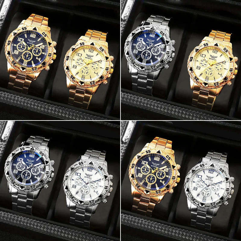 

2pcs/set Fashion Steel Band Men's Quartz Watch Male Wristwatches Set (Without Box）