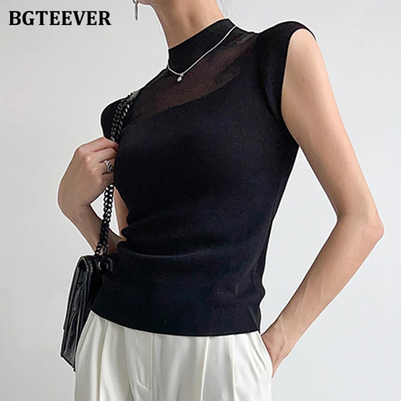 BGTEEVER Elegant Half High Collar Ladies T-shirts Summer Female Skinny Knitted Tops Women Cotton Tees
