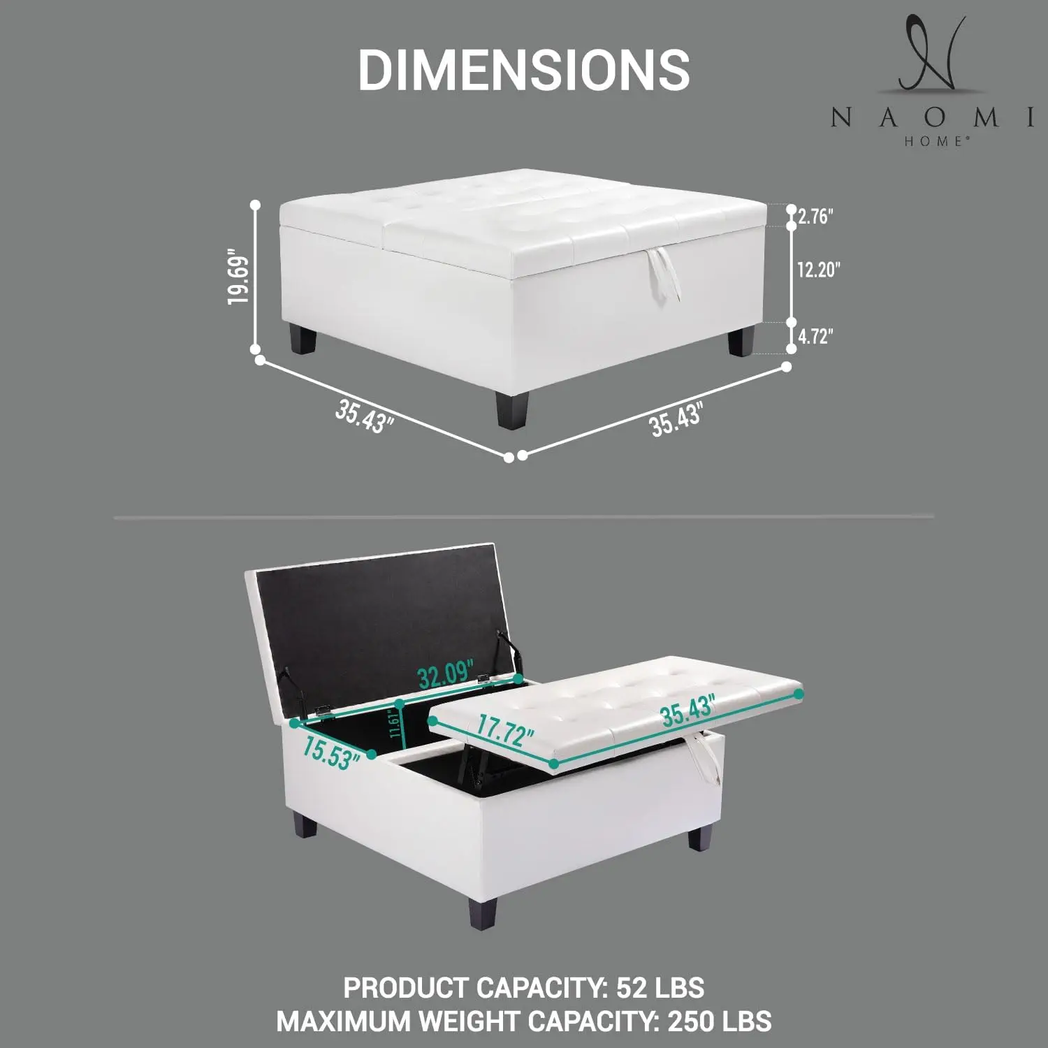 35-Inch Tufted Lift-Top Storage Bench White, Customized
