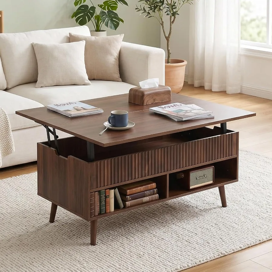 Lift Expand Top Coffee Table with Storage, Dining Table for Living Room, Wood, Walnut, Space-Saving Dual-Height Design