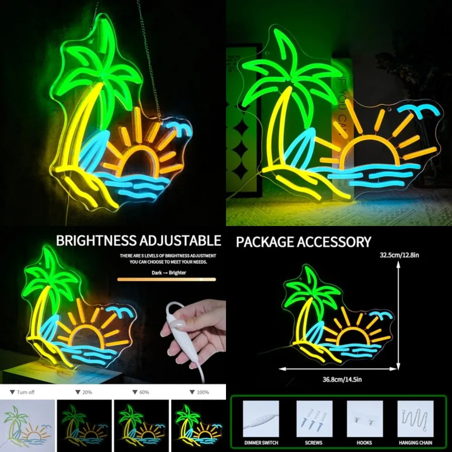 

Tropic Neon Sign for Wall Decor Dimmable Coconut Tree Led Light Signs Summer Beach Neon Signs for Hawaii Shop Neon Light for Ba