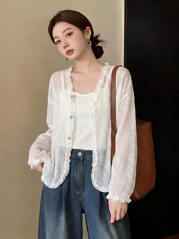 

Button Thin Shoulder Women's Summer New Large Size Fat MM Anti-Aging Outerwear Open Cardigan Top Fashion Sunscreen C...