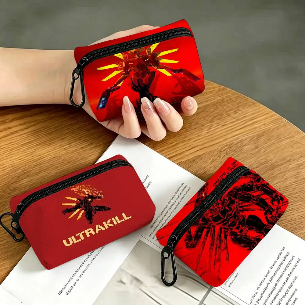 Retro Game U-ULTRAKILL Lightweight Oxford Fabric Coin Purse With Black Carabiner Hook Card Holder Earphone Storage Pouch