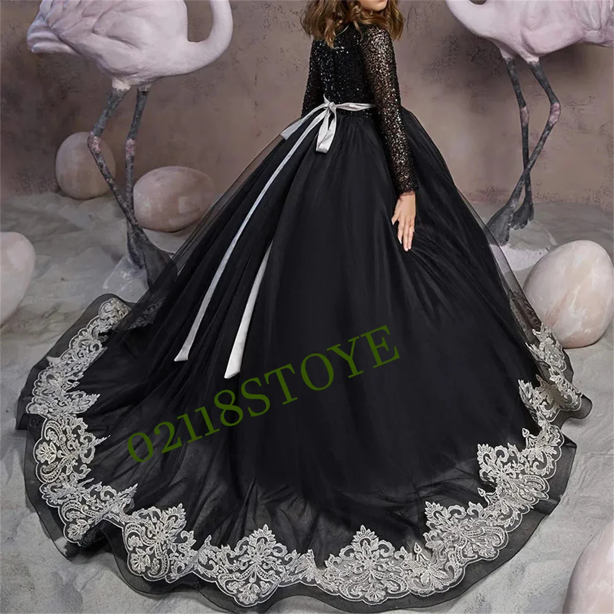 Luxury Flower Girl Dress Sequins Applique Tulle Puffy With BeltFloor Length For Wedding Pageant Party First Comunion Ball Gowns