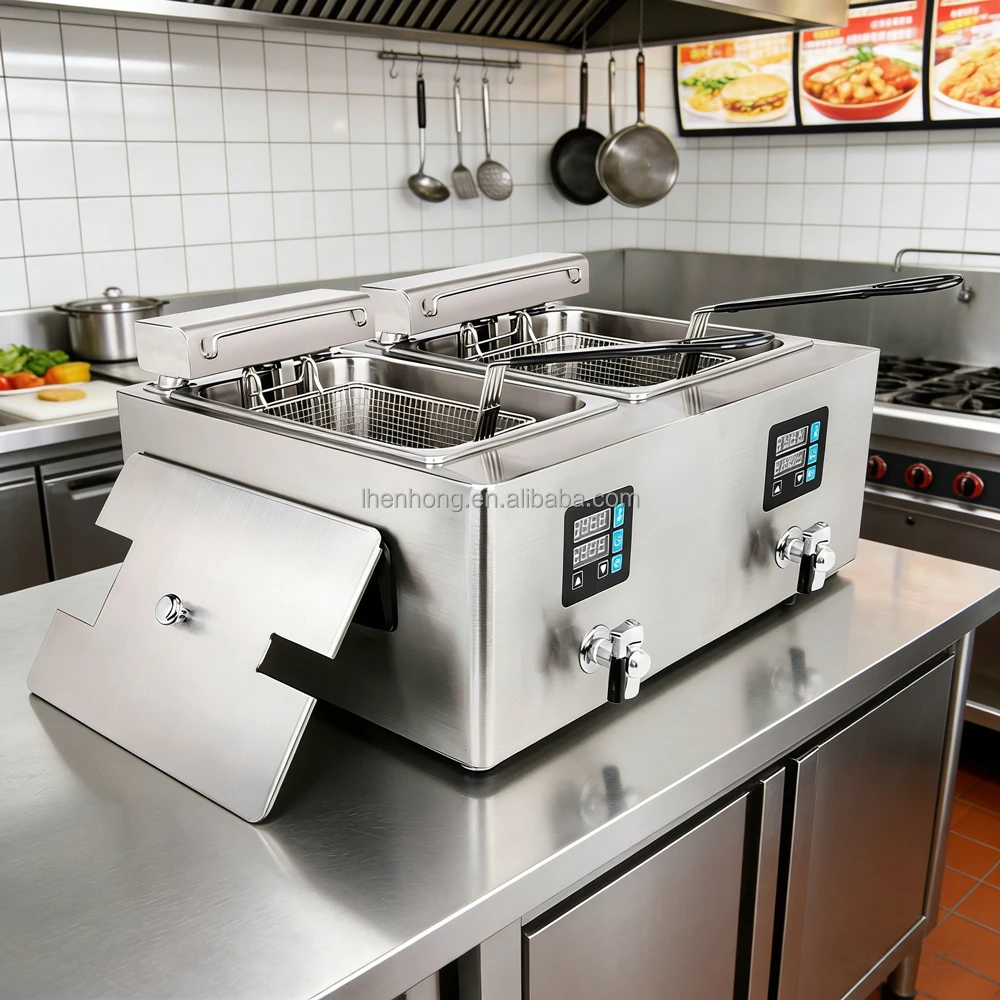 Industrial 9L*2 Commercial Deep Fryer 304 Stainless Steel Upward Heating Element Safety Thermal Cut-off for Food Truck