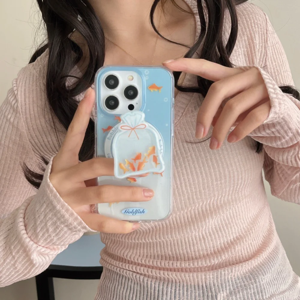 

For iPhone16Promax 15pro 14 13 simple gradual change blue goldfish phone case with magnetic bracket anti-drop protect cover