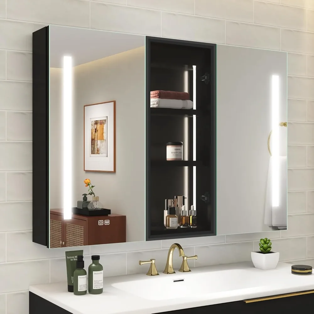 

Mirror cabinet - bathroom mirror with socket, dimmable and anti-fog, with illuminated storage window and adjustable shelves