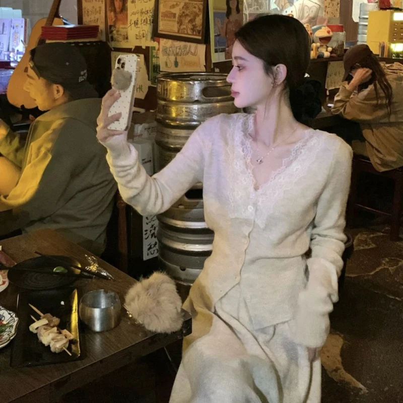 Корейский кружевной вязаный топ с длинными рукавами, кардиган, повседневный осенний модный французский элегантный топ, юбки, костюм из двух предметов, женская одежда