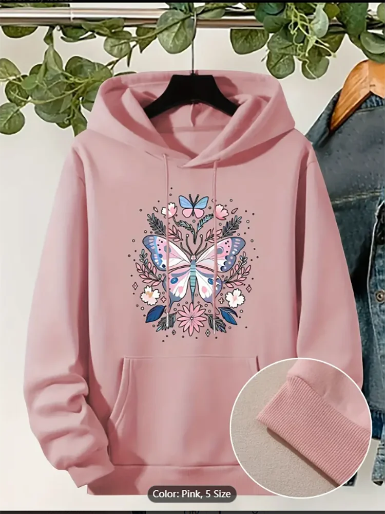 Damska bluza z kapturem, polarowa, z nadrukiem kwiatów i motyli, codzienna, oversize, ze sznurkiem, dla miłośniczek natury.