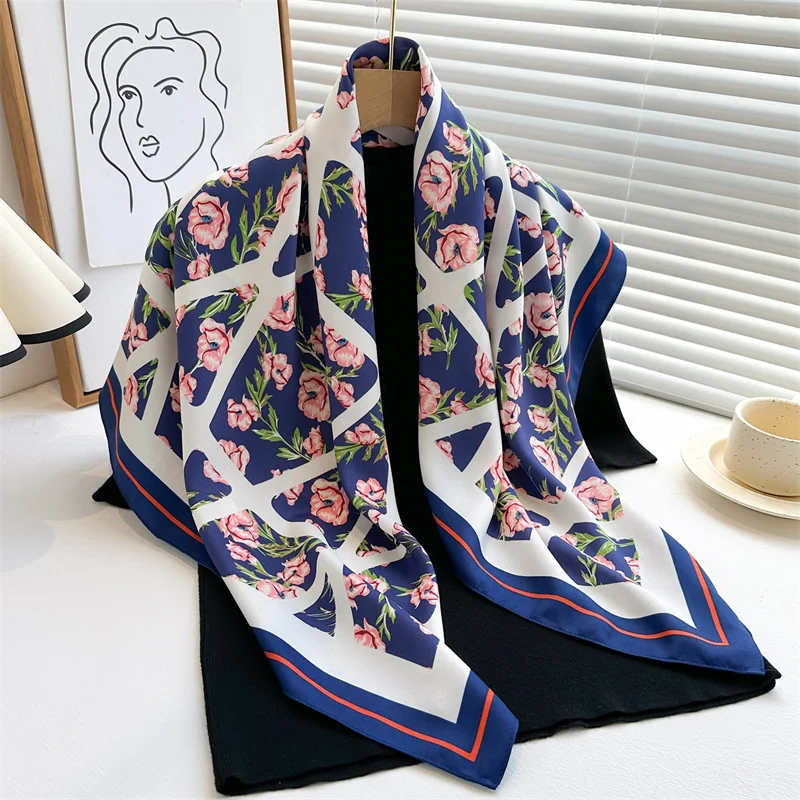 Korean Style New Printed Flower Women Scarf 90cm Large Square Scarves Twill Silk Headscarf Shawl HIjab Muslim