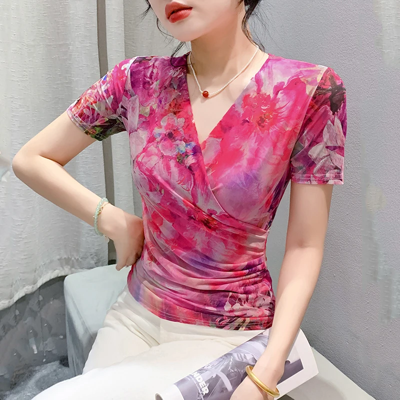 # 7287 Tie Dye Floral Printed Mesh Short Tshirt Women V-neck Sexy Thin Wrap T-shirt Damski Krótki Rękaw Fałdy Vintage Streetwear