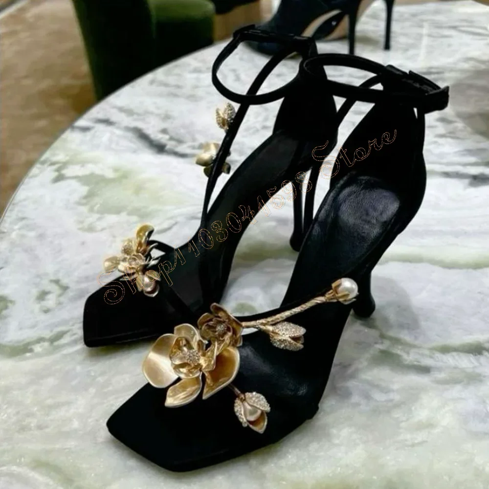 

Black Flowers Decor Ankle Strap Sandals Square Toe High Heel Shoes for Women Fashion Sexy Heels 2025 New Zapatos Para Mujere