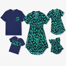 PatPat Family Matching Casual Short Sleeve Green Leopard Print T-shirts and V-neck Dresses Sets