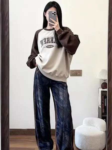 

Ретро джинсы с высокой талией и прямым кроем, с эффектом потертости, женские, осенняя новинка, модные широкие джинсы с цветовыми блоками