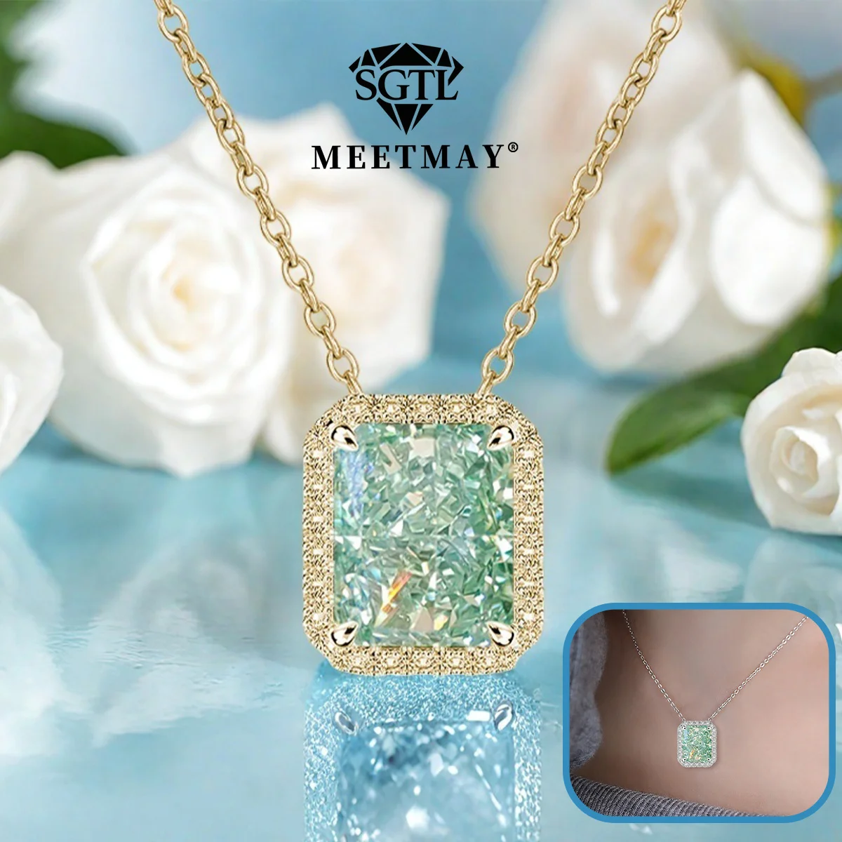 

S925 посеребренное платиновое прямоугольное мятно-зеленое блестящее ожерелье с цирконом для женщин, изысканные ювелирные изделия, подарки