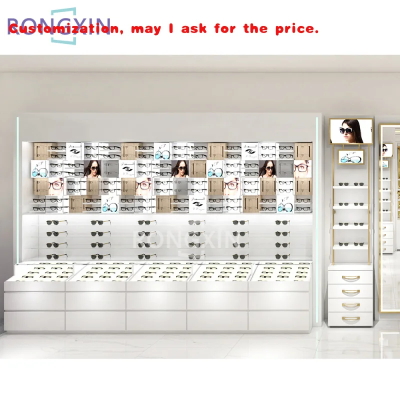 

Изготовленный на заказ. Индивидуальный шкаф для очков. Оптические дисплеи. Черные солнцезащитные очки. Витрина. Дизайн интерьера оптического магазина.