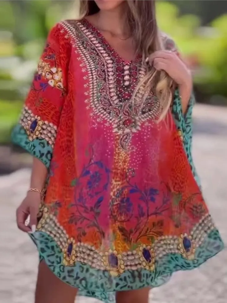 

Fashion National Style Print Loose Dress Summer Women's Casual Vintage V-neck Seven-point Sleeve Colorful Female Dresses 2025