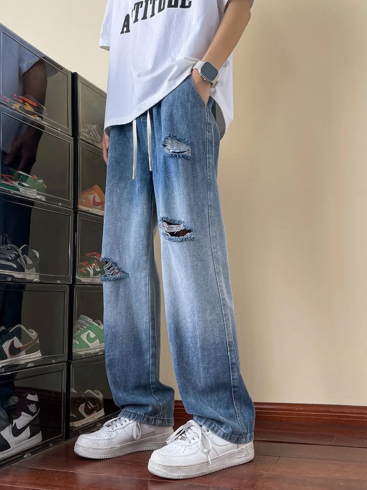 

aduated Color Ripped Jeans Men's Summer Trendy High Street Straight Leg Wide Leg Micro Flared Pants American Casual Cotton ...