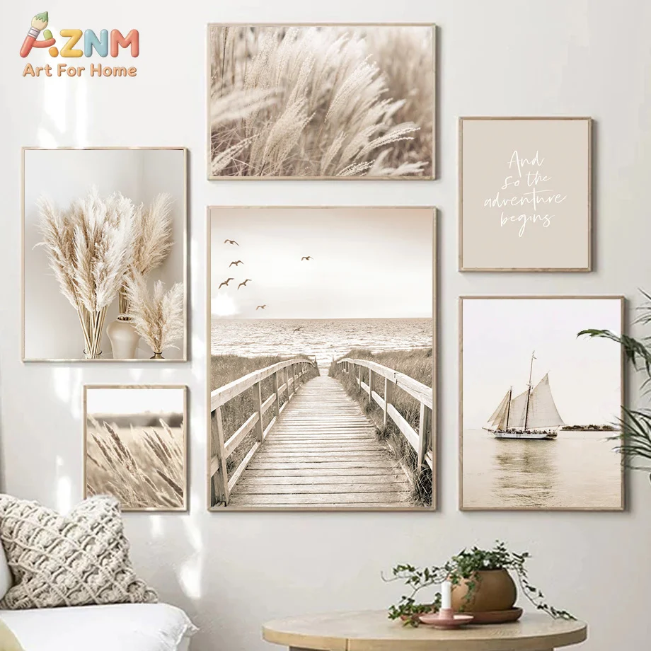 AZNM Neutral Beige Coastal Pampas Grass Canvas Wall Art Wooden Boardwalk Sea Sailboat Scenery Adventure Quote Print Boho Farmhou