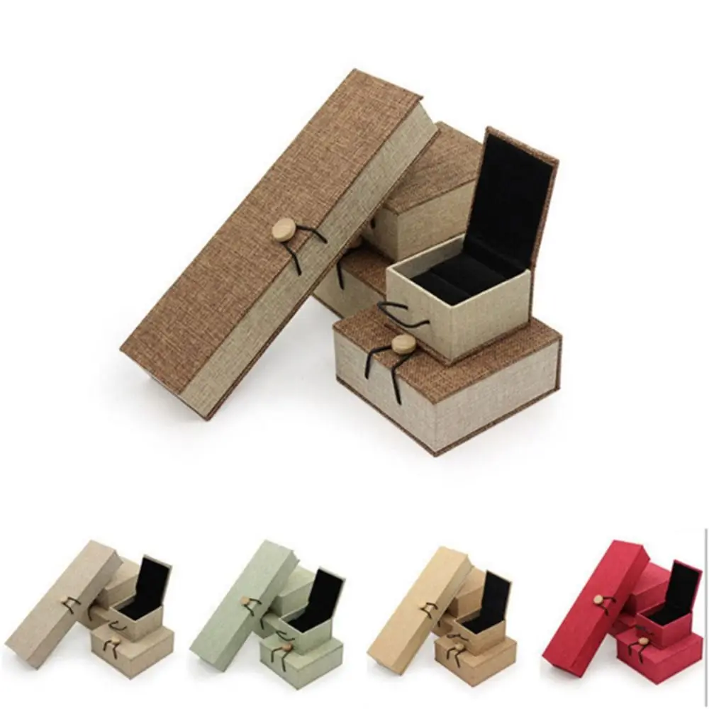 Linen Wood Jewelry Box Fleece Lining Dust Protect Pendant Bracelet Box Multi-purpose Button Closure Travel Ring Box