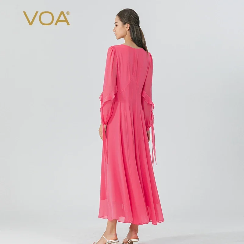 Voa pêssego rosa dupla camada georgette seda o pescoço lanterna mangas compridas vestido babados doce maxi vestidos para mulher outono ae1718