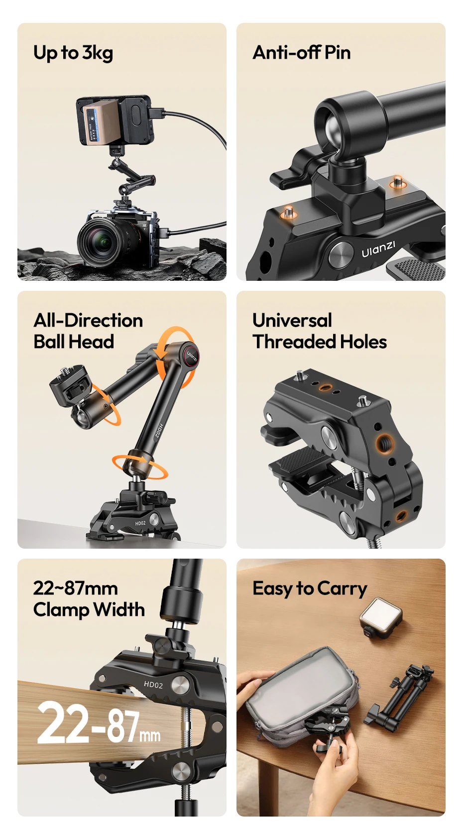 Ulanzi HD02 Magic Arm Kit 10 Zoll mit Superklemme für Stativkamera Fülllicht Magic Arm – Detail 1