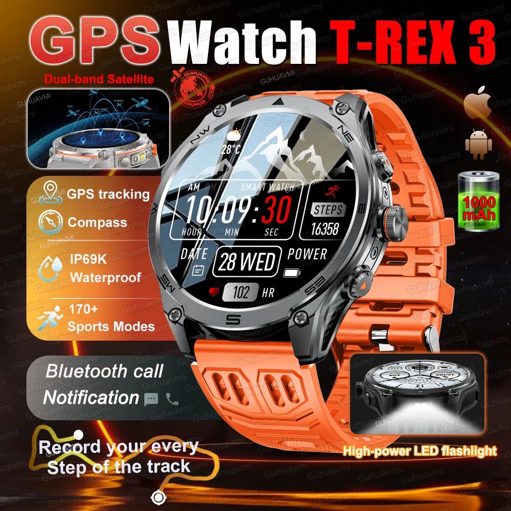 

Новинка для Xiaomi T-Rex 3 GPS Смарт-часы Аккумулятор 1000 мАч 170 + спортивные режимы IP69K Водонепроницаемый компас Смарт-часы военного класса 2025