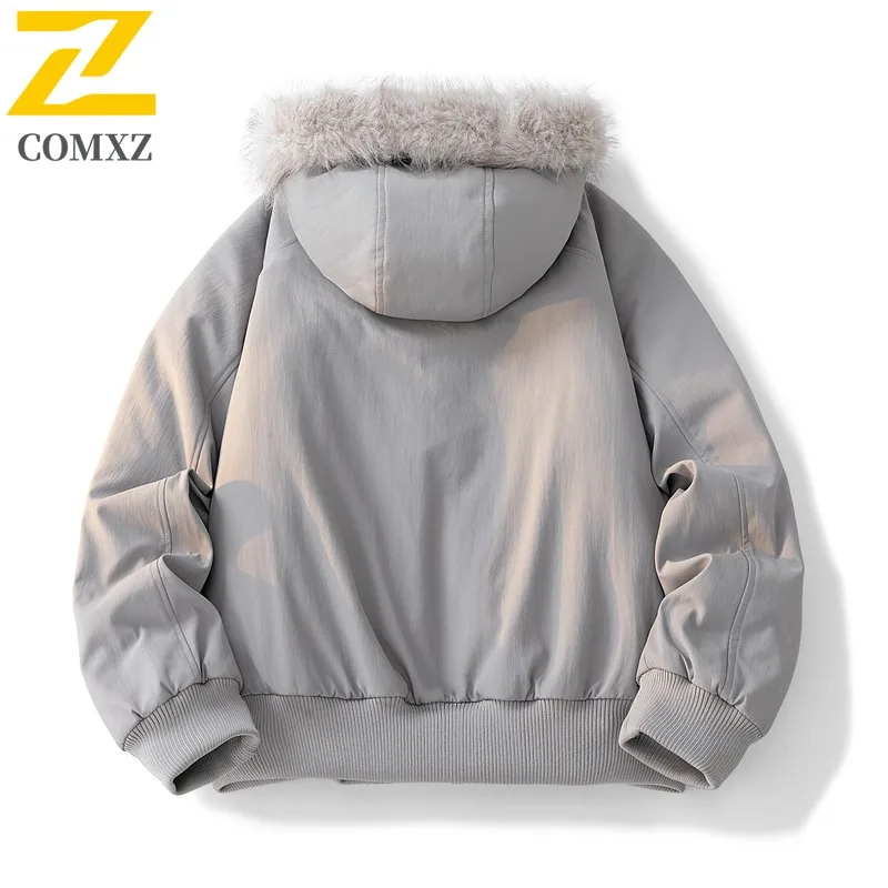 COMXZ سترة كلاسيكية عصرية بلون سادة مقاومة للرياح في الهواء الطلق مع قلنسوة وياقة من الفرو للتزلج عالية الجودة سترة مبطنة للرجال سترات مبطنة #5