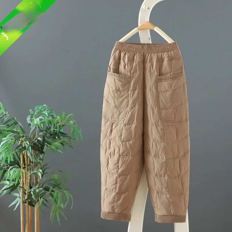 Pantalones bombachos gruesos y cálidos para mujer, pantalón Retro ligero con rombos, para invierno