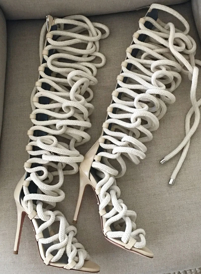 Sexy Rope Cross-Tie Cutout Knee Sandals Boots Thin High Heels Summer Puttee Thigh Boots Rope Cross Bandage Botas