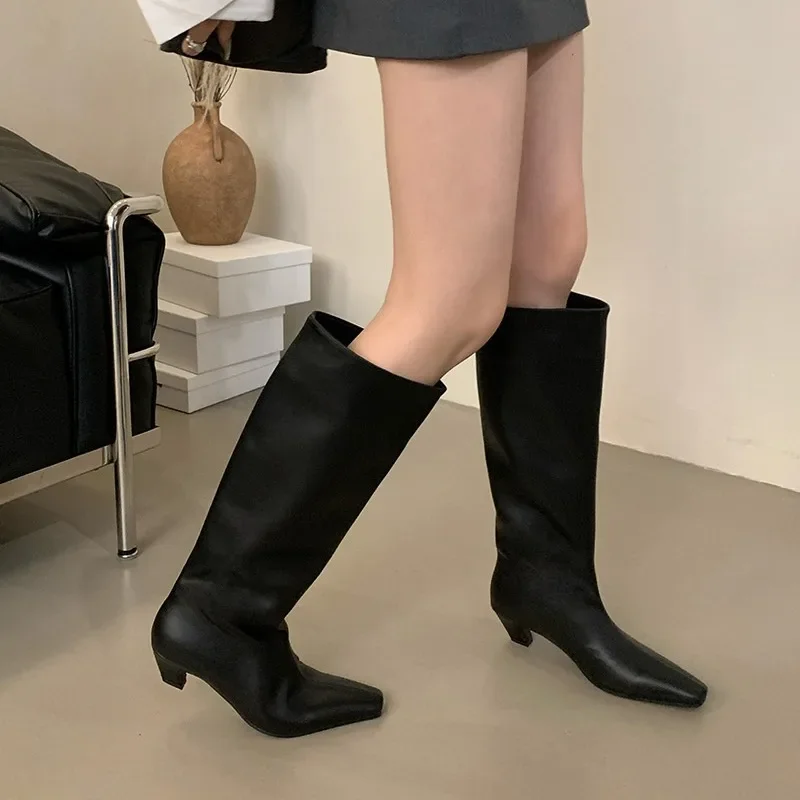 Autumn/Winter Wide Barrel Retro Long Boots Women Soft PU Leather Knight Boots Short Heel Knee Boots 35-40 Cat Heel Women's Shoes