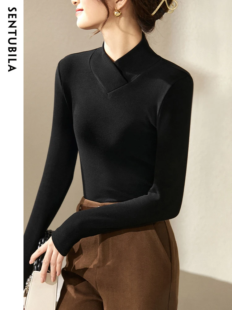 

SENTUBILA Warm Pullover T-Shirts for Women 2025 Autumn Skew Collar Slim Black Long Sleeve Tees Casual Base Women's Top 124T45995
