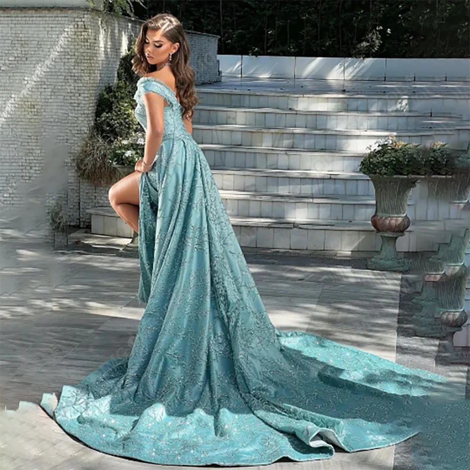 Vestidos de novia de noche formales de sirena con hombros descubiertos y abertura lateral personalizados de Dubái 2024 vestidos de novia de tul con volantes para mujer