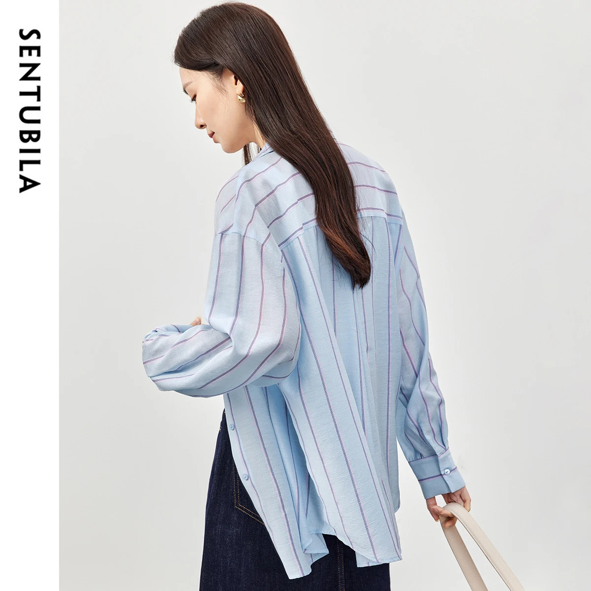 SENTUBILA Casual Striped Shirt for Women 2025 Spring New Fashion Commute Embroidery Turn Down Collar Shirts & Blouses 151C58291