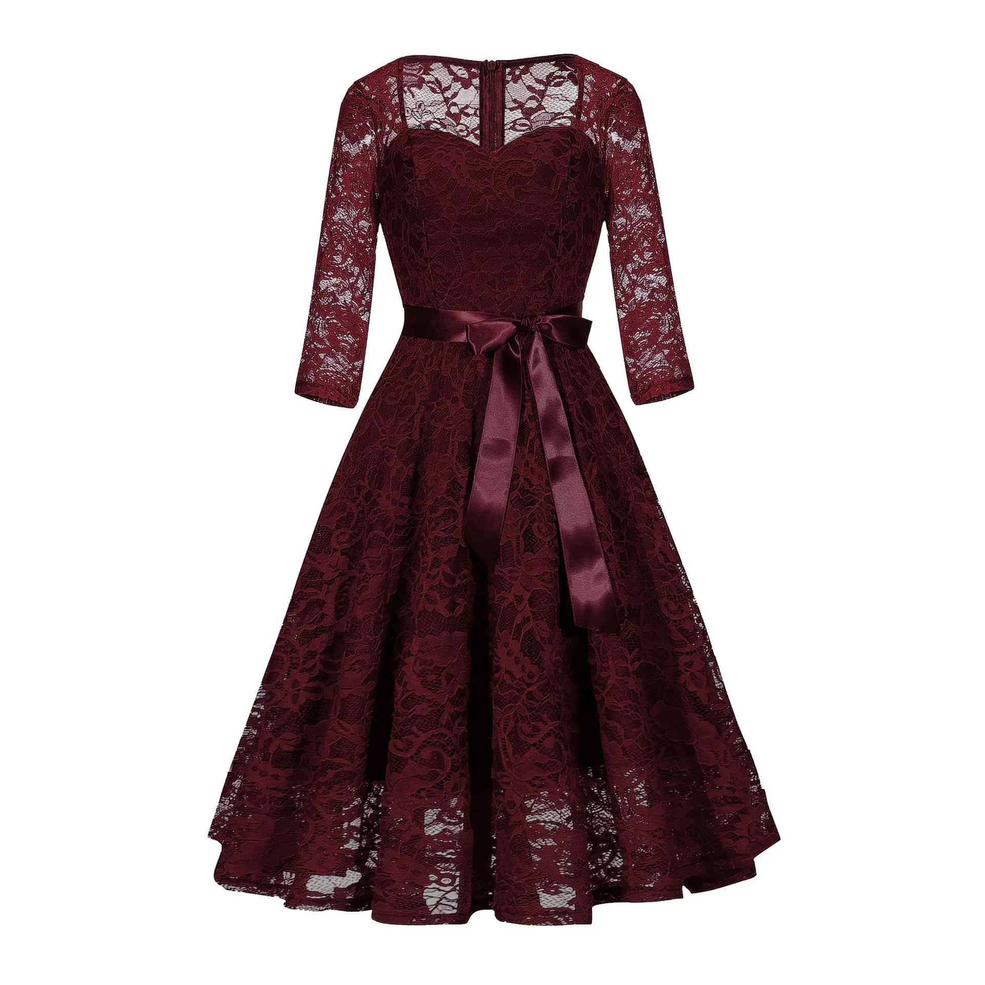 

Women's Vintage Square Neck Floral Lace Belt Swing Bridesmaid Dress Evening Party Pleated Dresses