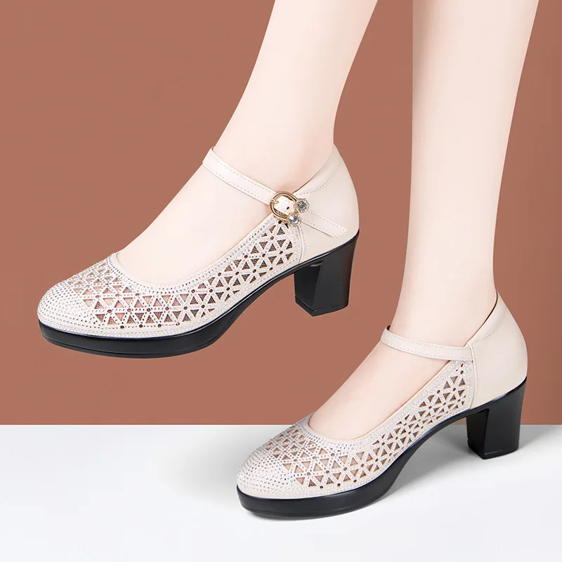 Elegant Mesh Crystal Genuine Leather Platform Pumps 6cm 9cm 11cm High Heels for Wedding Party Spring 2025 Block Heel Shoe Model