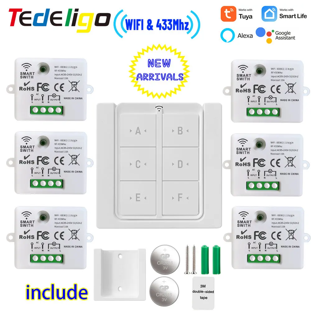 Tuya Wifi Mini Smart Light Switch 220V Interruptor 433Mhz 6gang Wall Panel interruttore a pulsante On Off ricevitore per elettrodomestico