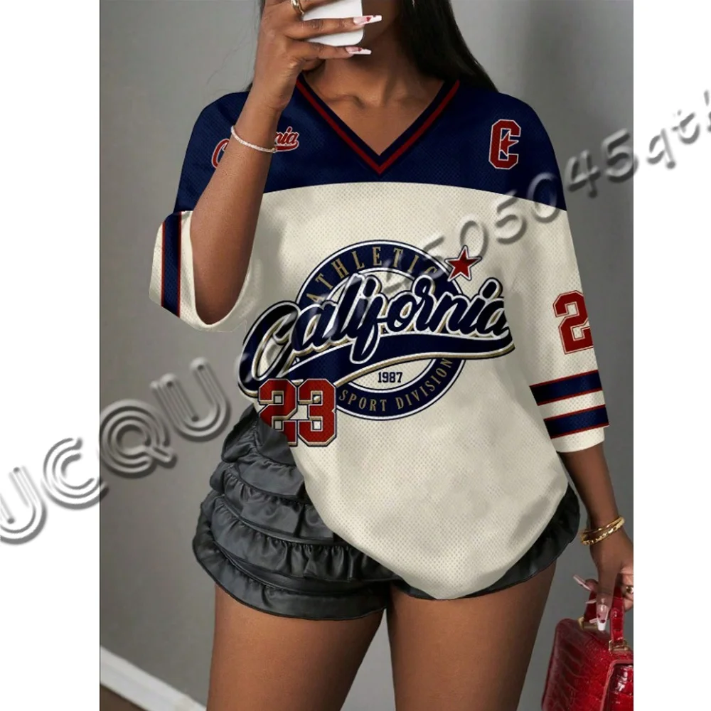 Damen CALIFORN Print V-Ausschnitt Kurzarm Loch T-Shirt Sommer Grafik T-Shirt Baseball Trikots Plus Size Herren Sport T-Shirt
