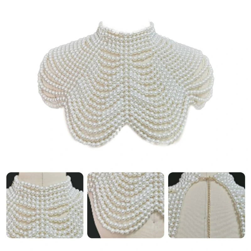 Women Faux Imitation Pearl Necklace Shawl Beaded Body Chain Bib Collar Party Jewelry Necklace for Women Wedding Dress