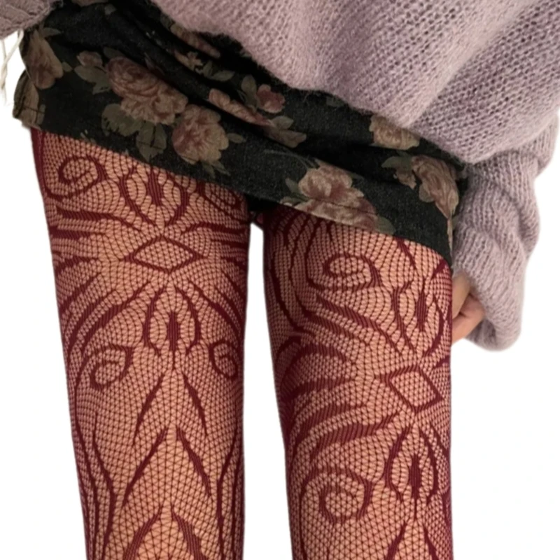 Women Vintage Hollowed Fishnet Pantyhose Stockings Japanese Aesthetic Exotic Geometric Patterned Mesh Tights Leggings